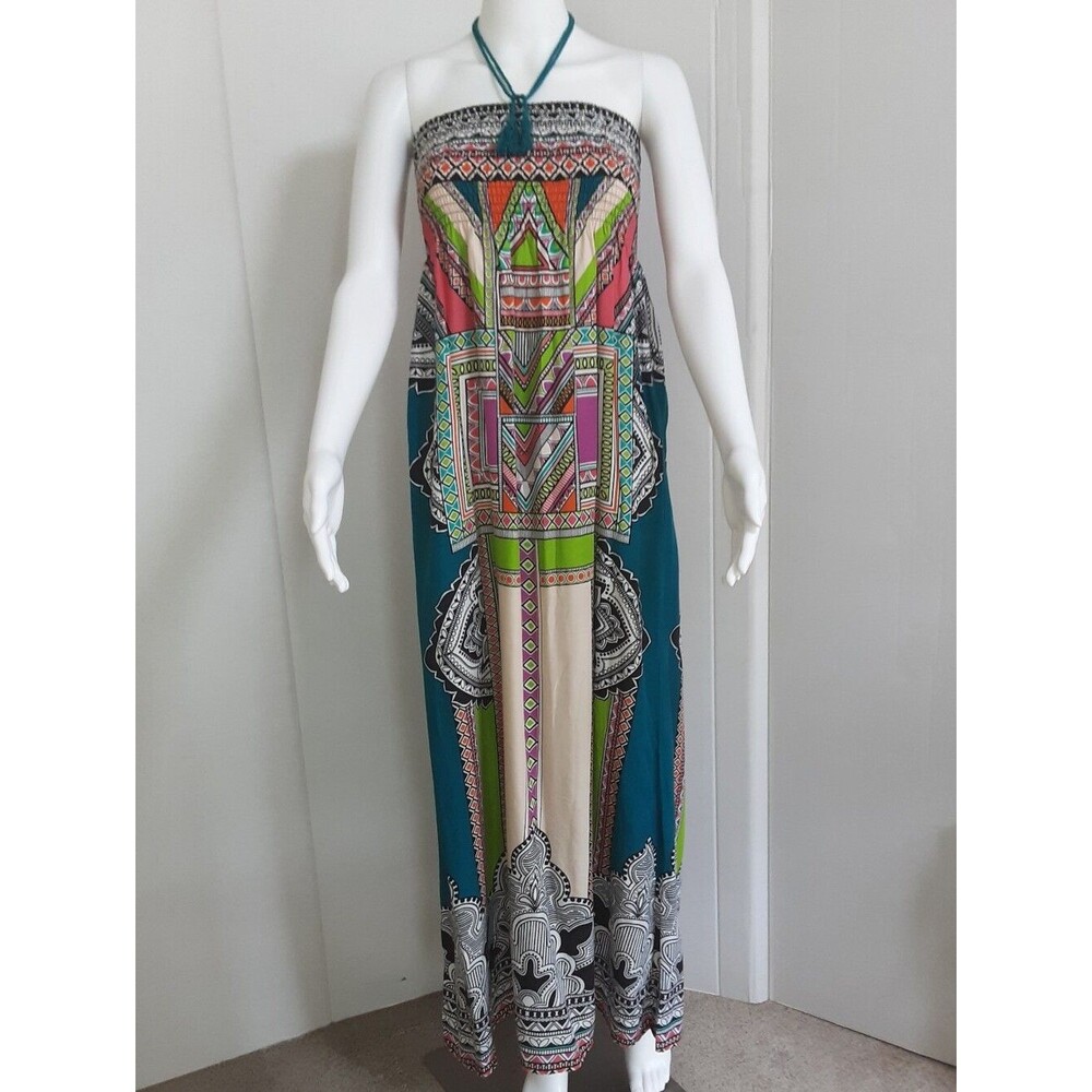 FLYING TOMATO Multi-Color Artsy Strapless Halter Boho Geometric Maxi Dress Sz M